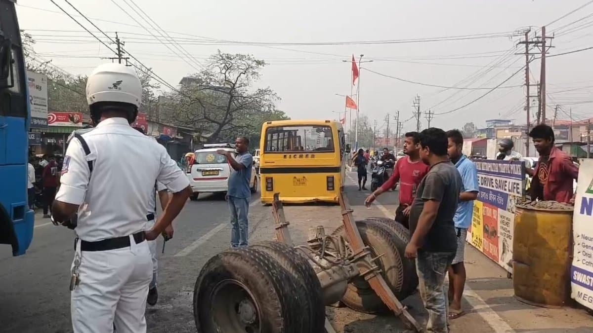 Wheel of moving school bus detached road accident at Siliguri  