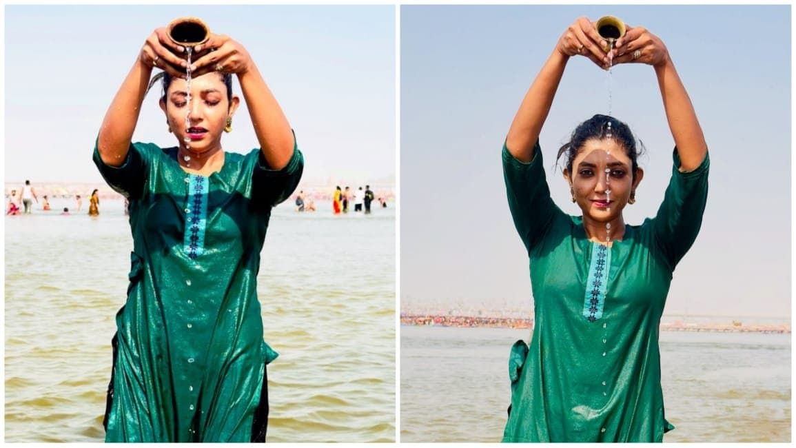 actress devlina kumar took a holy dip at kumbh 2025 with father debasish kumar and mother debjani kumar ent