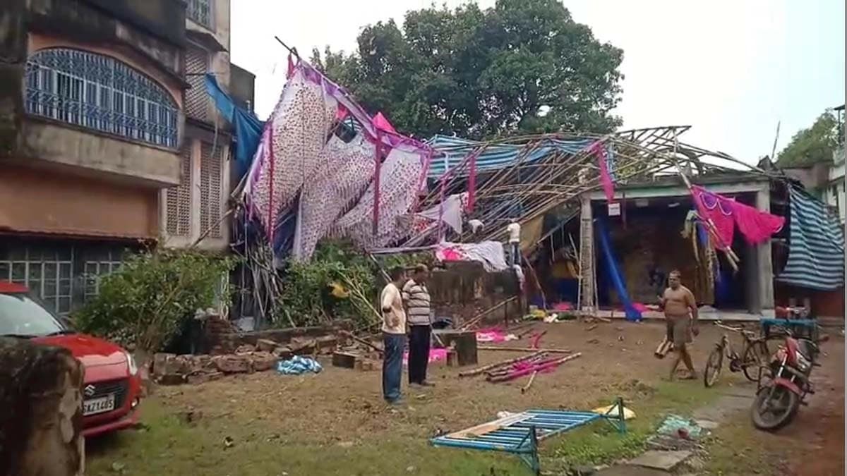 Chandannagar Nadua Shantir Math area devastated by sudden tornado Durga pandal collapsed