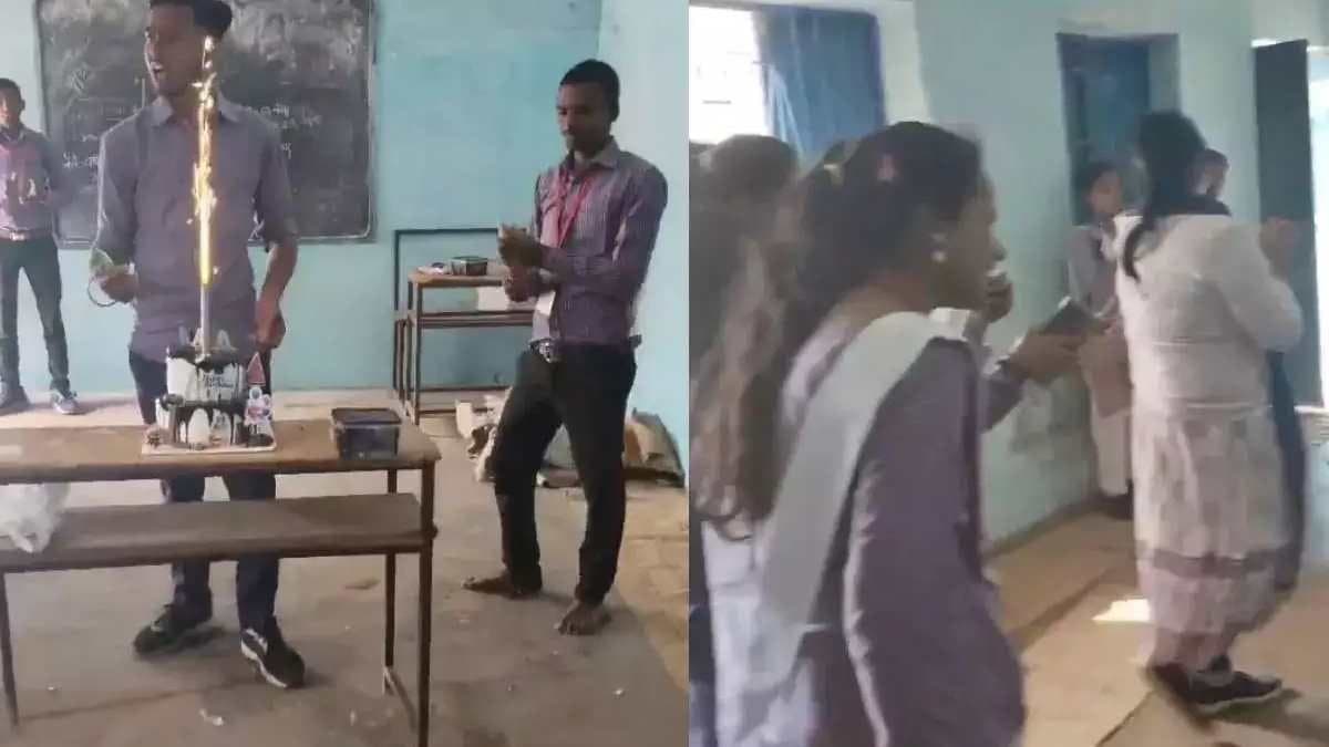  group of students celebrating  birthday with alcohol in the presence of teachers