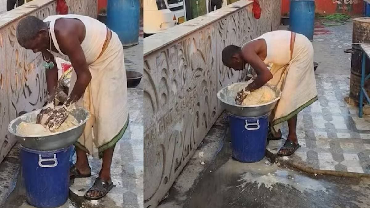 man using dirty water to knead dough at kanpur dhaba