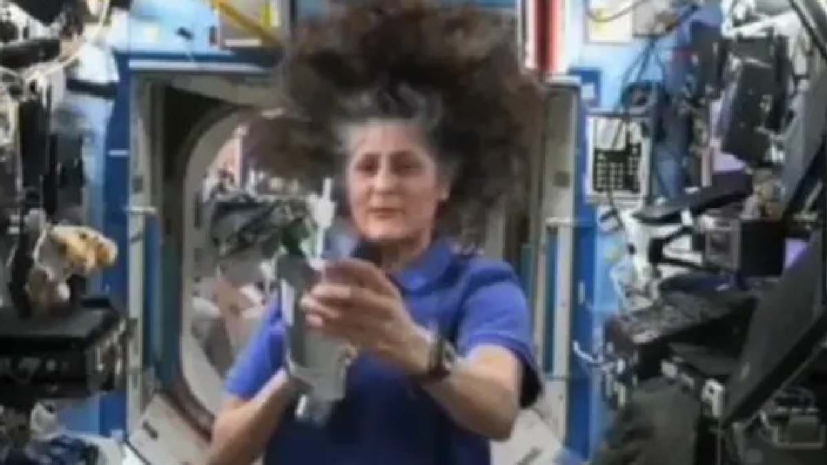 Sunita Williams demonstrates how astronauts drink liquids in zero gravity during virtual interaction with students gnr 