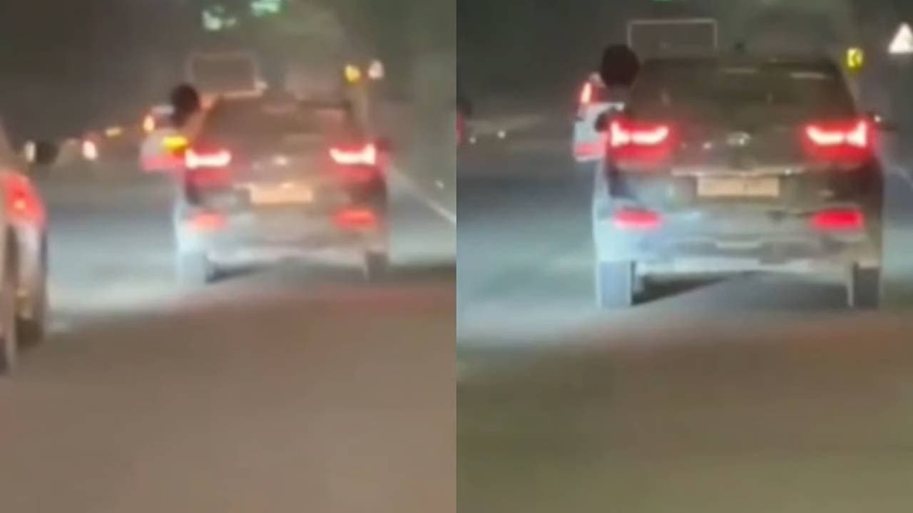 Viral video of of bare body woman doing stunt from a running car