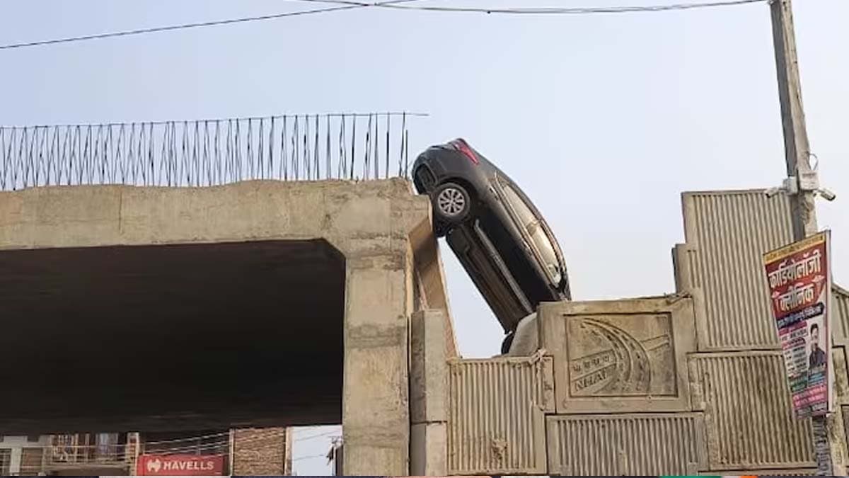 Car hangs mid-air from unfinished flyover in Utter Pradesh Gorakhpur