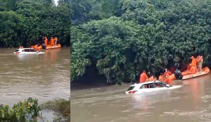 The police and civil defence personnel fished ou the car and the body of the driver from Gauri river gnr