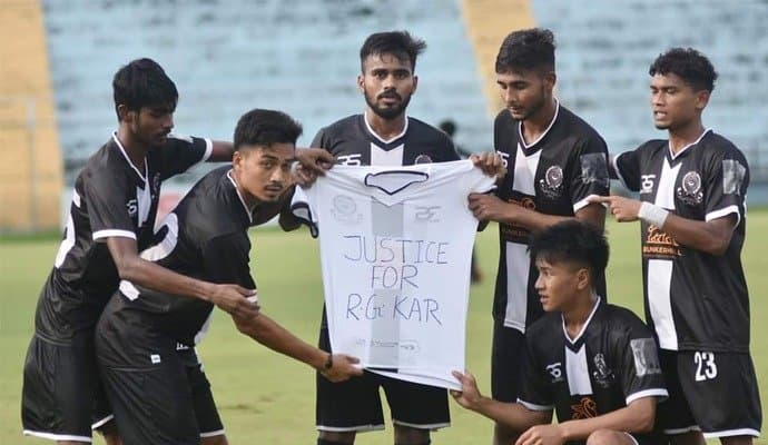 Mohammedan footballers demand justice for RG kar after big win against Aryan in kolkata league spt