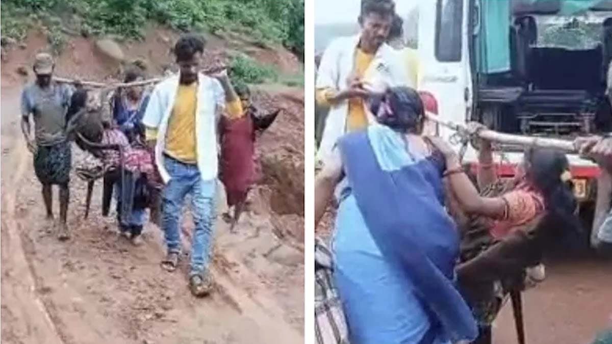 Pregnant woman carried 10 km on shoulders due to bad roads in Odisha watch the video