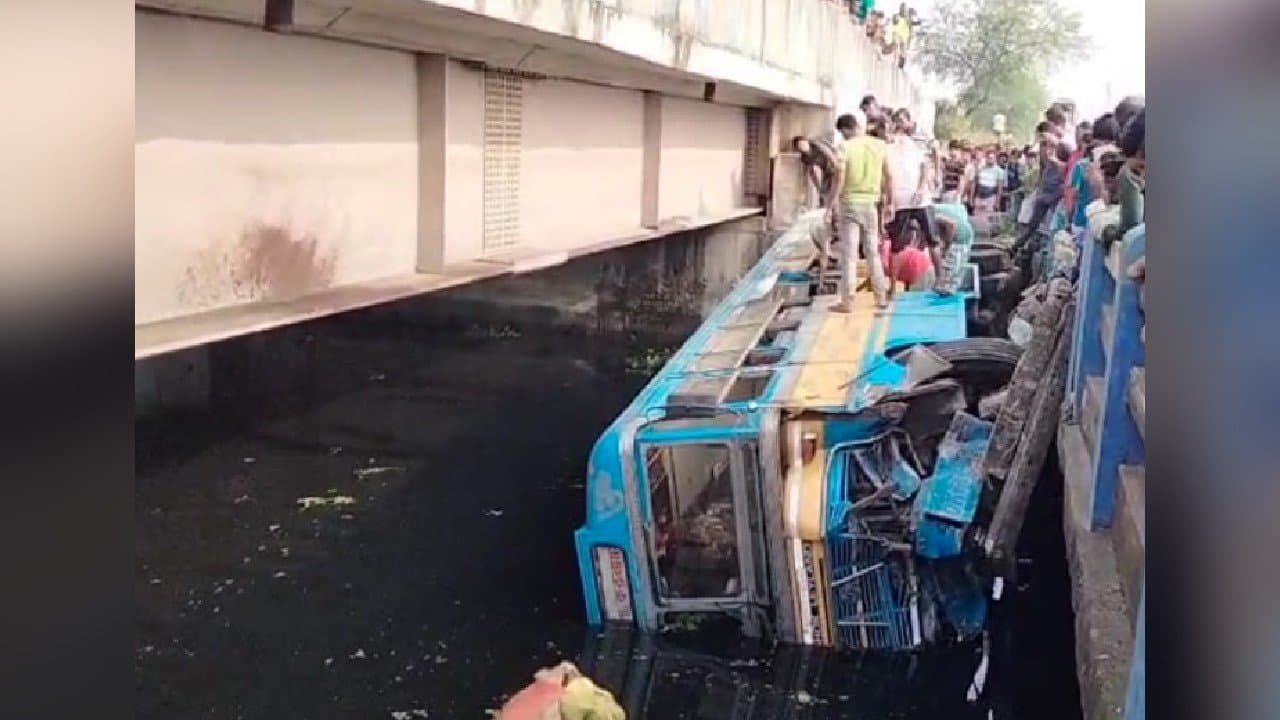 Road Accident passenger loaded bus overturned