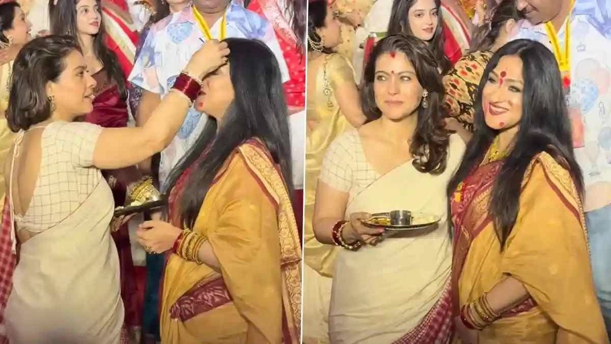 Kajol Meets Rituparna Sengupta Amid Vijayadashami Festivities in Mumbai Celebrity Moments Light Up North Bombay Durga Puja Pandal
