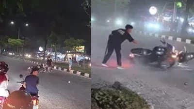 Man Tries To Separate Two Bikes Using A Stick After Accident 