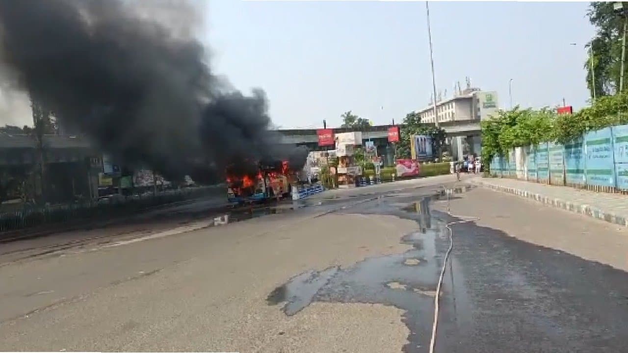 Bus catches fire near kolkata airport area